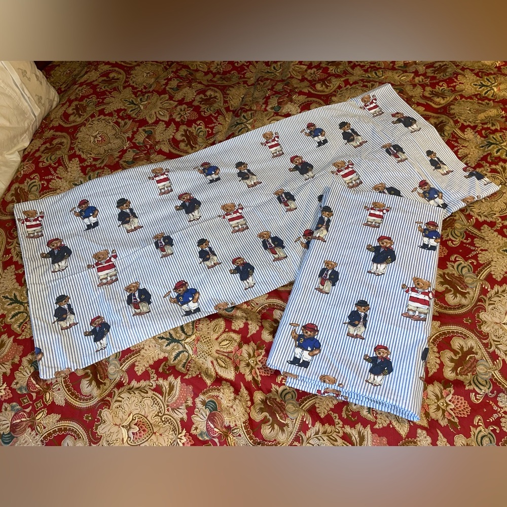 VGUC Ralph Lauren Teddy POLO Bear Striped King Size Pillowcase Set